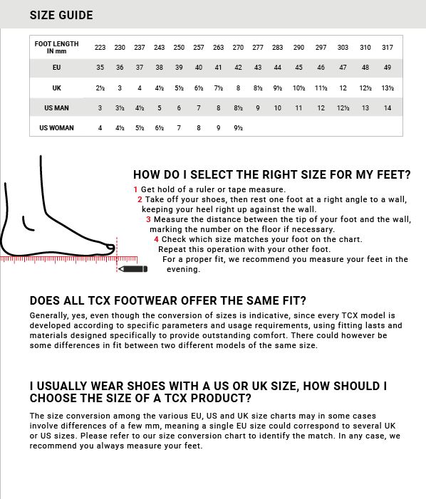 TCX Størrelses guide